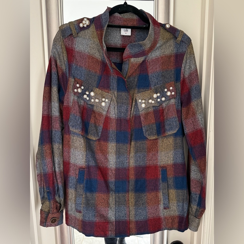 CAbi Plaid Women's Jacket with Pearl Accents